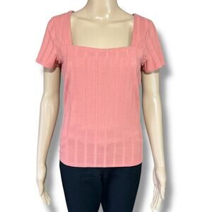 Red BKE Womens Blouse Shirt Top Square Neckline Ribbed Short Sleeve Pink Medium